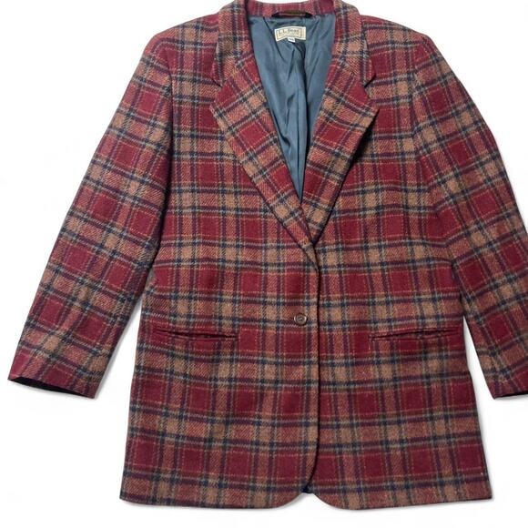 L.L. Bean Vintage 80s Wool Tartan Plaid One Button Blazer Jacket Womens 14R - Picture 2 of 6